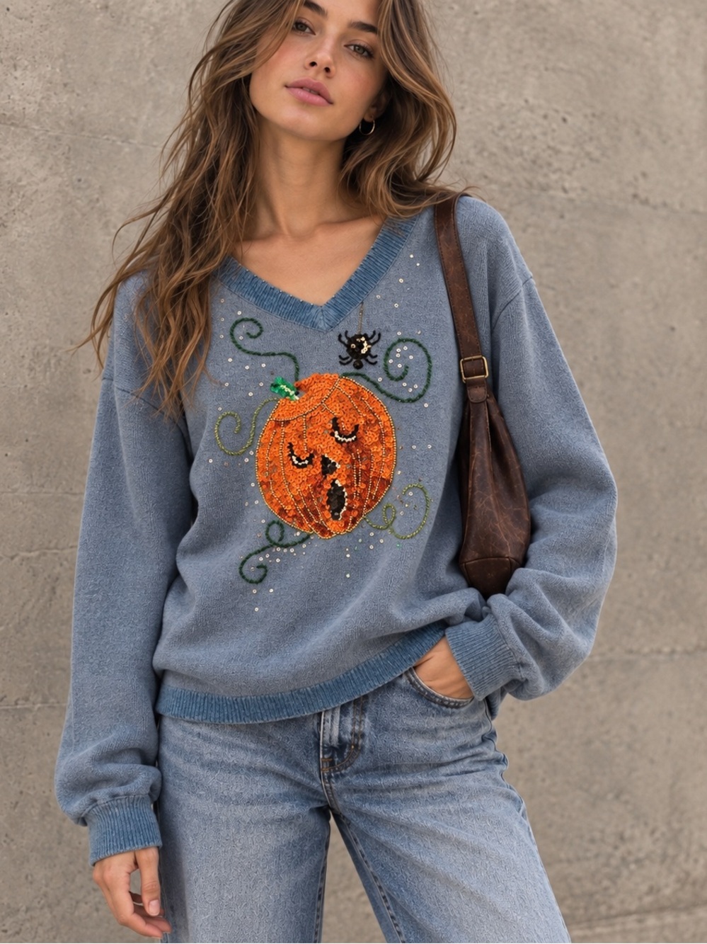Vintage Quacker Factory Halloween Sequin Jack O Lantern Sweater XL
